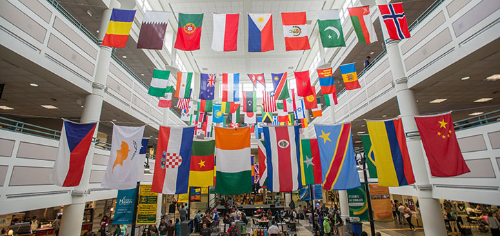 International flags displayed in the Johnson Center on the Fairfax Campus.