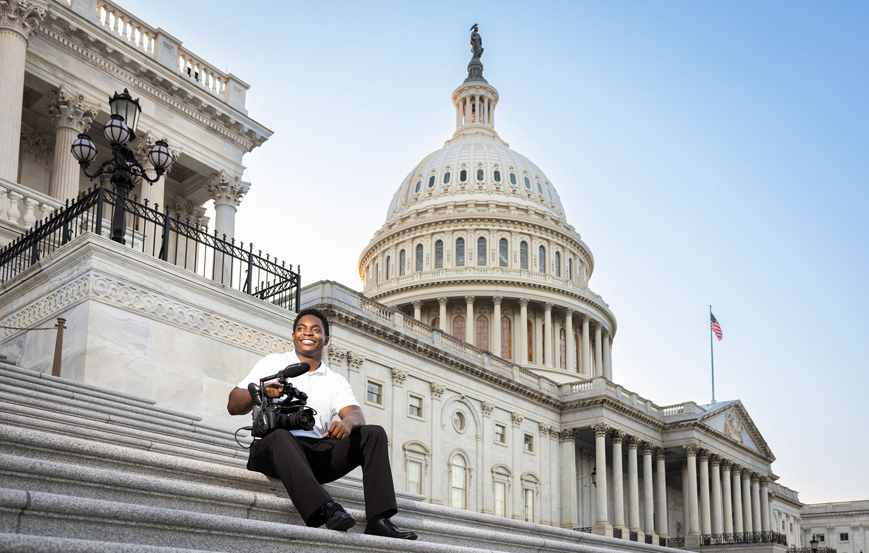 Mason student Jaques Lykes majored in Film and Video studies interning at House Creative Services, Chief Administrative Officer at the U.S. House of Representatives in Washington DC. Photo by: Ron Aira/Creative Services/George Mason University