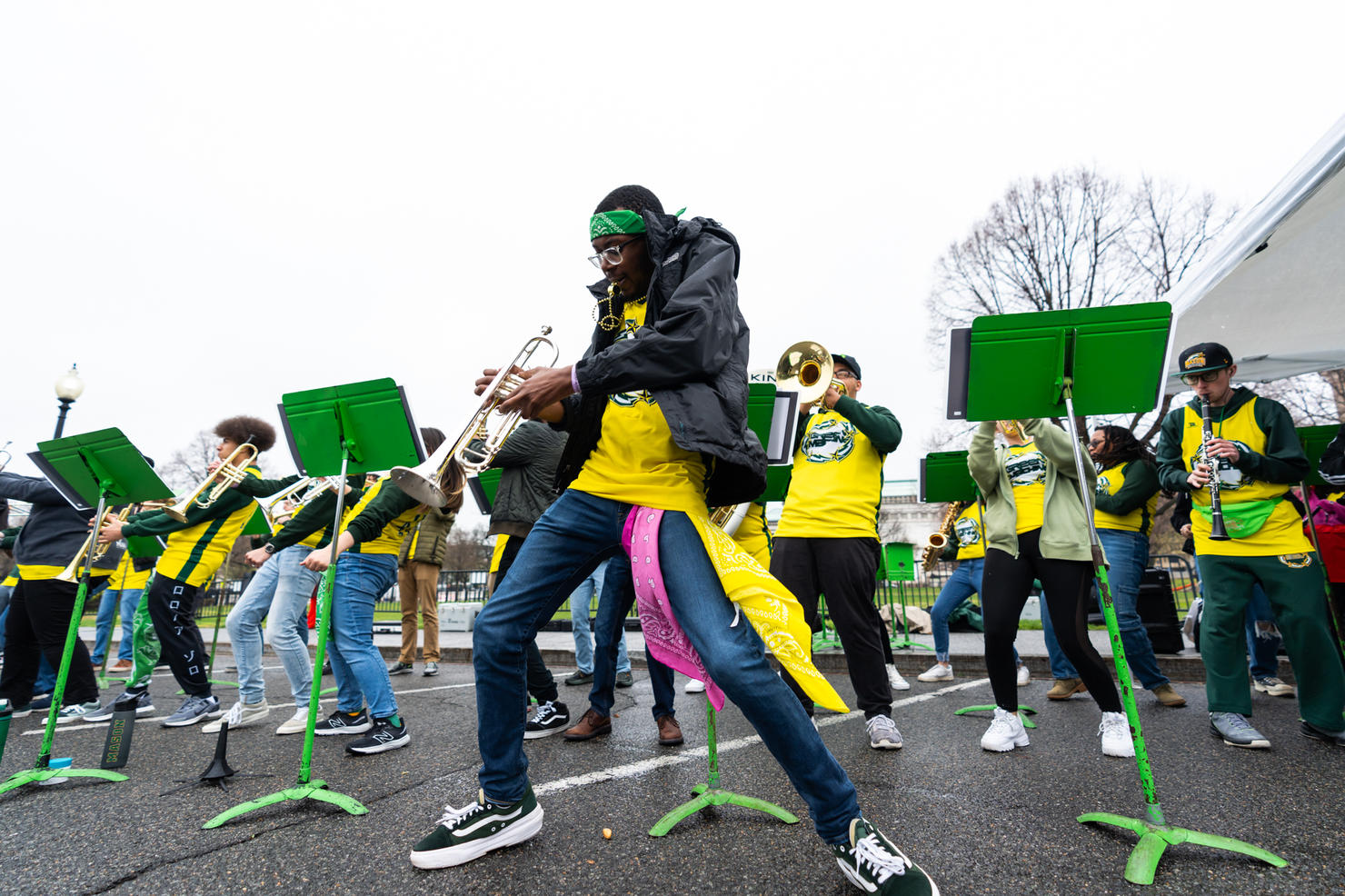 Members of the Green Machine Ensembles dance as they play during their performance at the 2024 White House Easter Egg Roll. Photo by Joshua Cruse & Nathaniel Henry / Green Machine Ensembles 