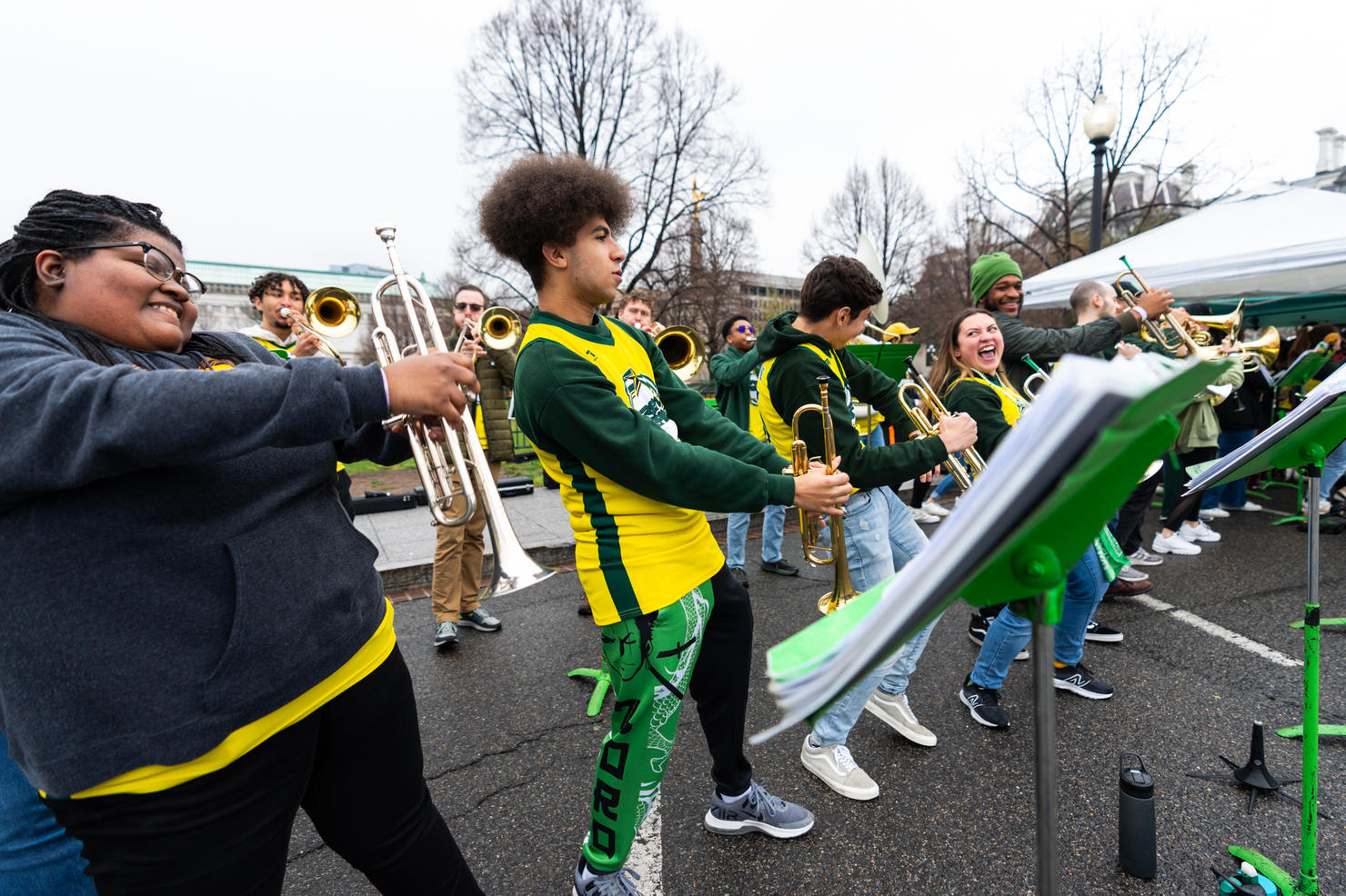 Students smile and laugh as they dance and perform at the 2024 White House Easter Egg Roll. Photo by Joshua Cruse & Nathaniel Henry / Green Machine Ensembles