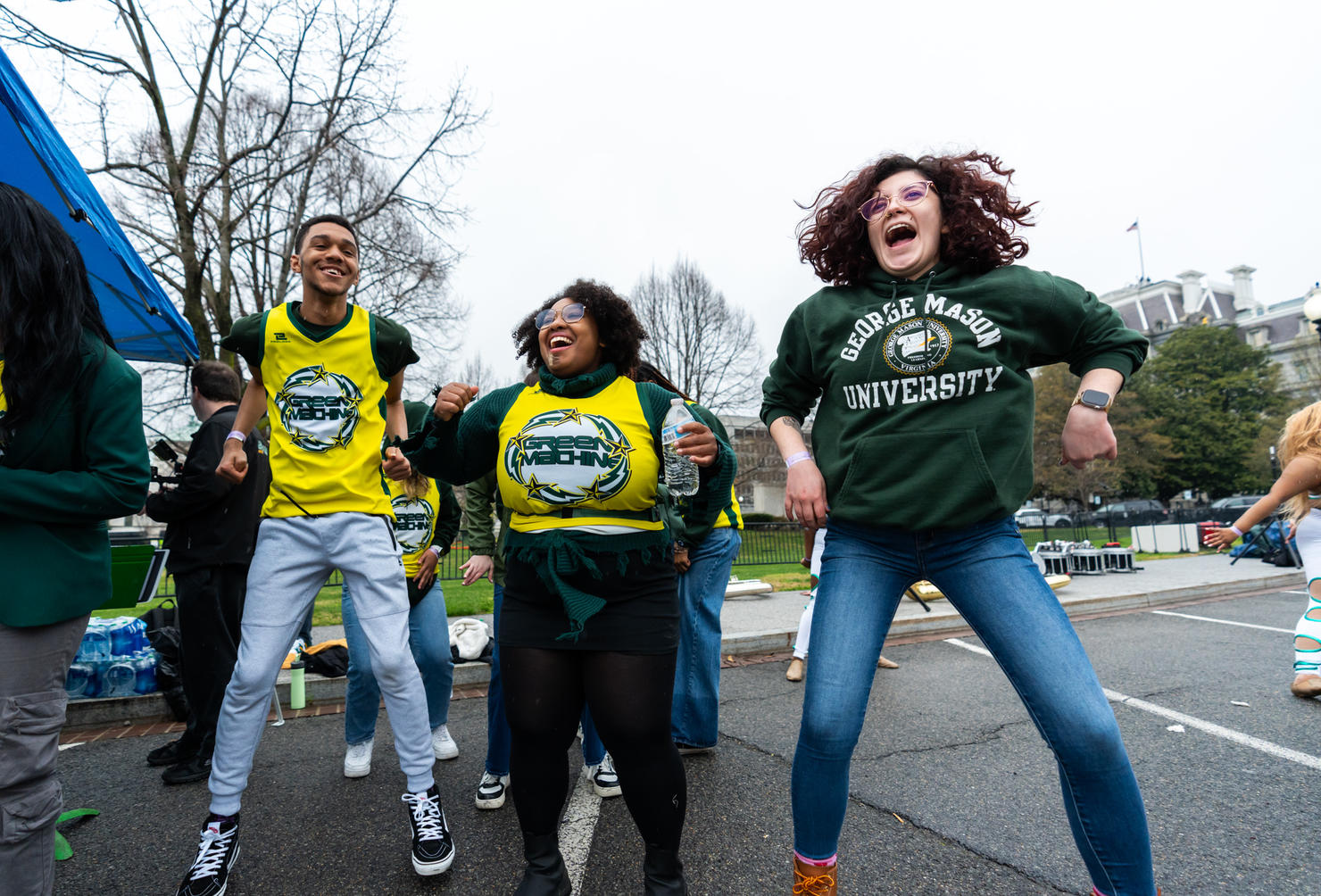 Students jump up and down, cheering with excitement, as the Green Machine Ensembles perform at the White House Easter Egg Roll. Photo by Joshua Cruse & Nathaniel Henry / Green Machine Ensembles