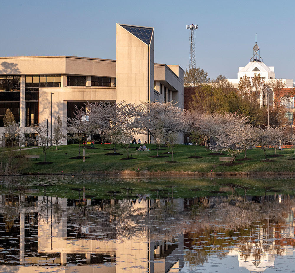 mason campus  showing center for the arts in springtime