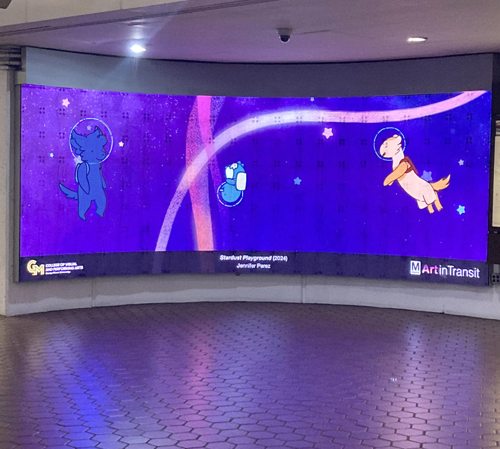 Jennifer Perez' animation consisting of blue background and space like animal figures seen on large screen in the Washington D.C. metro