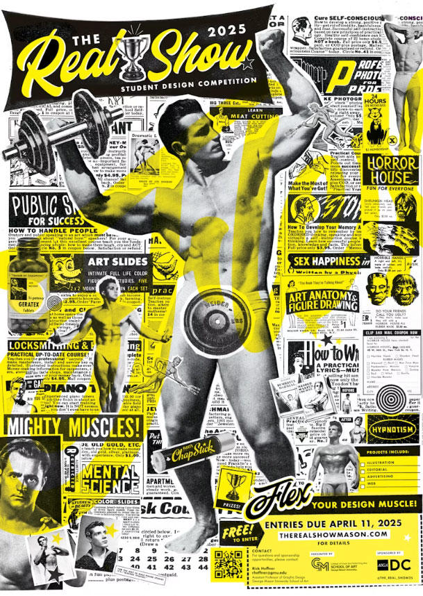 a poster of many black and white drawings, newsprint, stories, and photos of weightlifters and strongmen from an earlier era with yellow bands of color across it
