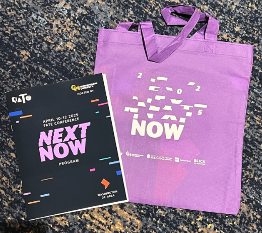 Black booklet with FATE conference Next Now program text in purple on the front and a purple bag with the same logo