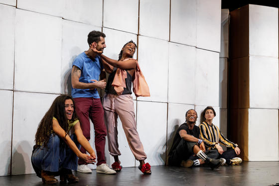Created in collaboration with Artist-in-Residence Kaneza Schaal and writer and illustrator Christopher Myers, CARTOGRAPHY draws on their work with refugee youth from around the world. Pictured here is the company of CARTOGRAPHY (L-R) including Janice Amaya, Noor Hamdi, Malaika Uwamahoro, Vuyo Sotashe, and Victoria Nassif.